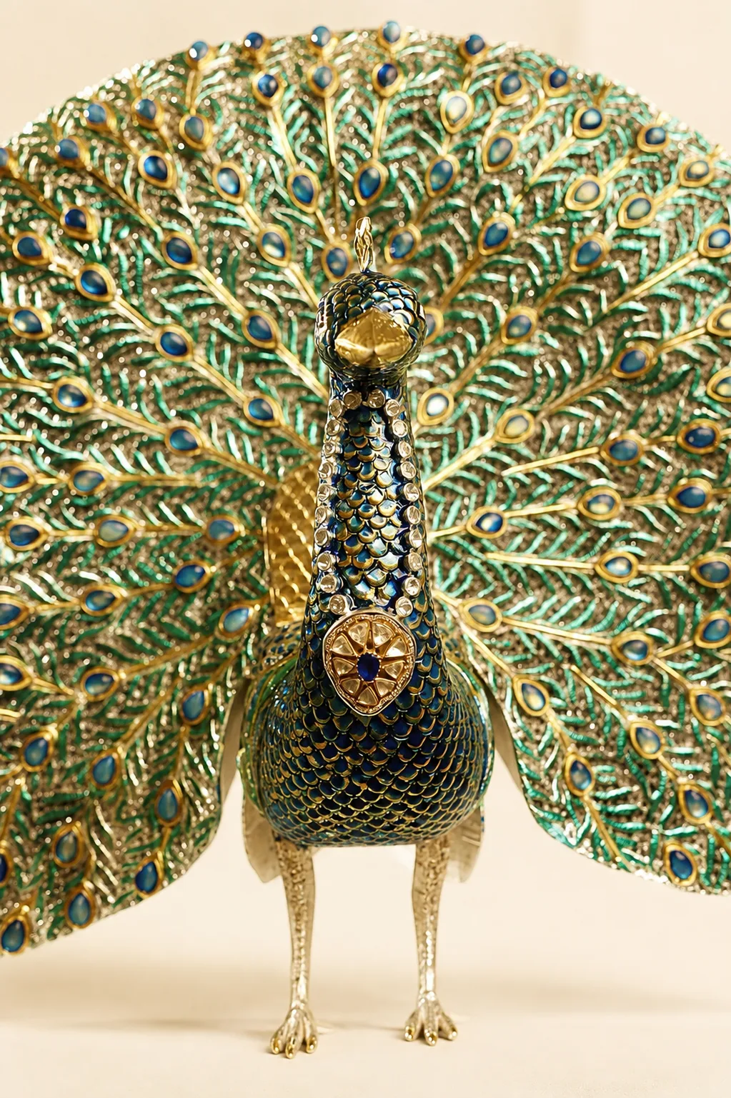 Sterling silver peacock with green-and-gold enamel plumage, handcrafted in Jaipur by My Dibs.