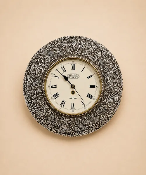 Sterling silver clock set in an all-over ring of silver flowers, handcrafted in Jaipur.