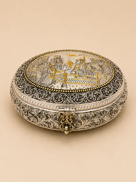 Sterling silver dry fruit box with a royal darbar court scene in silver and gold, handcrafted in Jaipur.