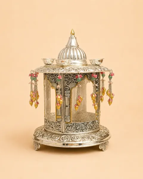 Domed sterling silver hatri pavilion with hanging stone drops, handcrafted in Jaipur for Diwali and Lakshmi puja.