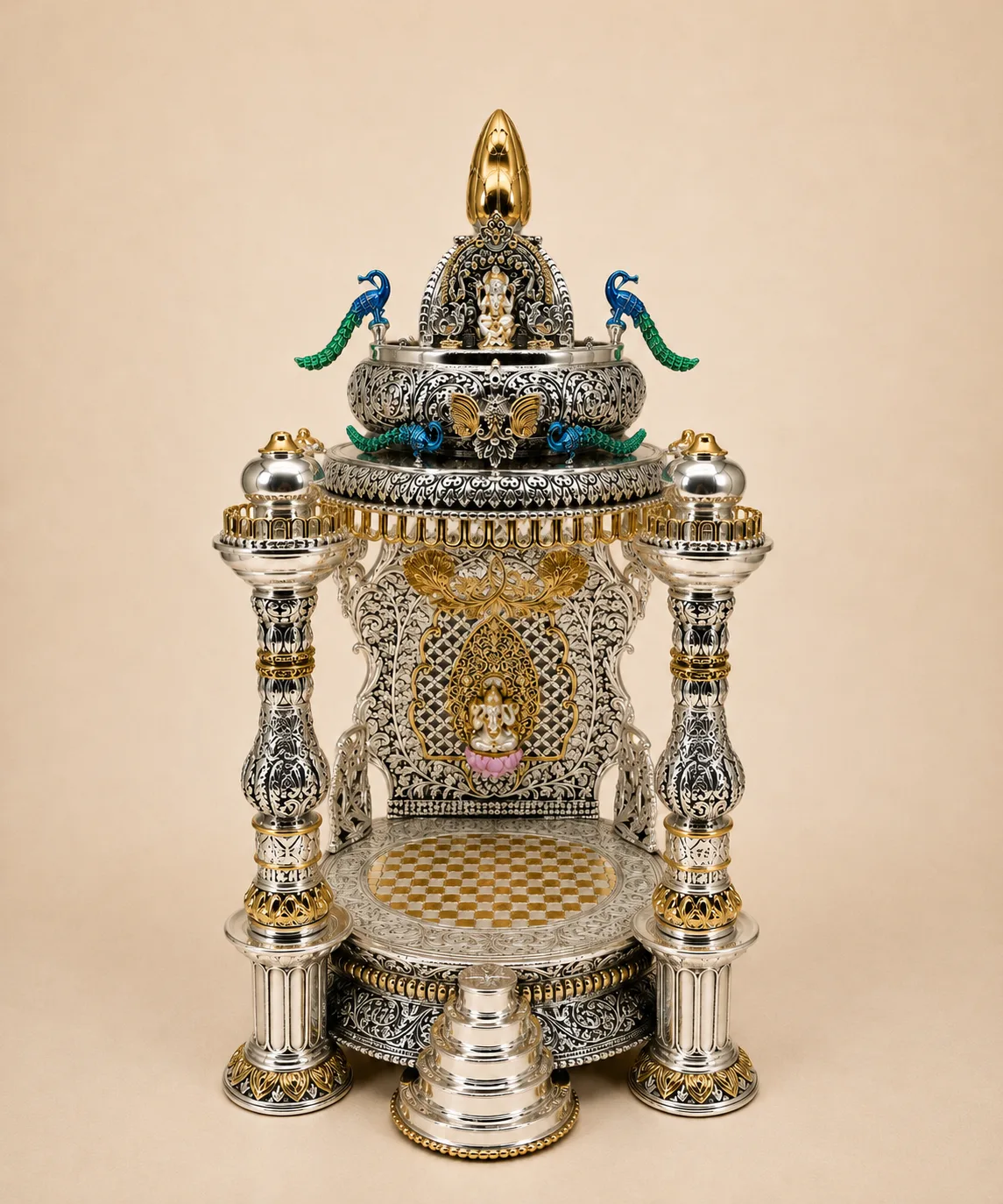 Reworked sterling silver mandir with peacocks and gold detailing, remade by My Dibs, Jaipur.