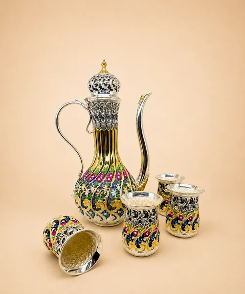 Sterling silver ewer and cups in floral meenakari over gold, handcrafted in Jaipur.