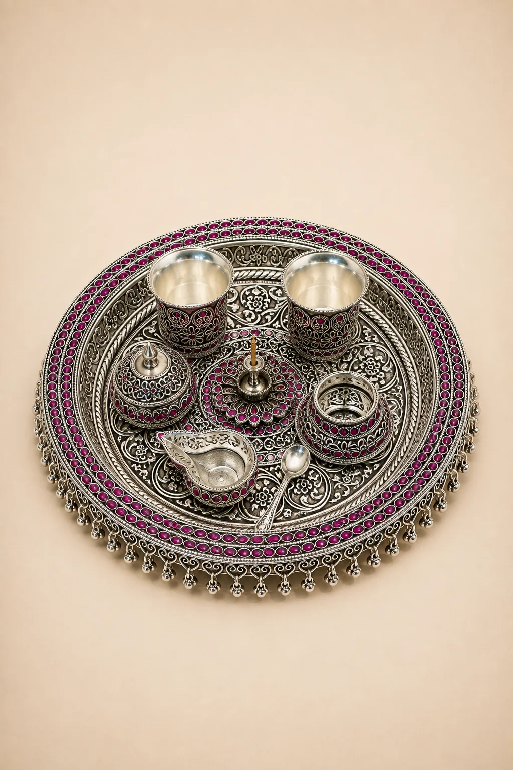 Pierced sterling silver pooja set with pink stonework and a lotus medallion, handcrafted in Jaipur.