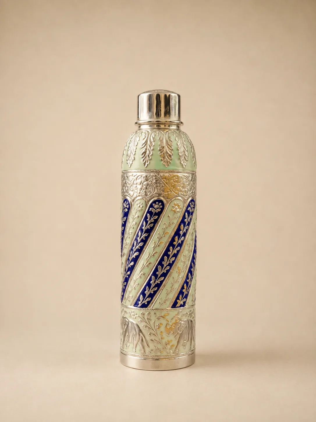 Sterling silver water bottle in cobalt-and-green spiral meenakari, handcrafted in Jaipur.