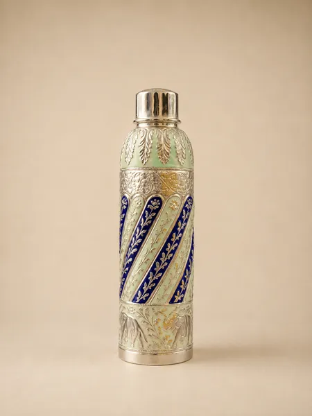 Sterling silver water bottle in cobalt-and-green spiral meenakari, handcrafted in Jaipur.
