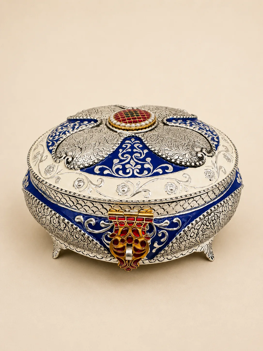 Sterling silver dry fruit box with a cobalt-and-silver radiating lotus lid, handcrafted in Jaipur.