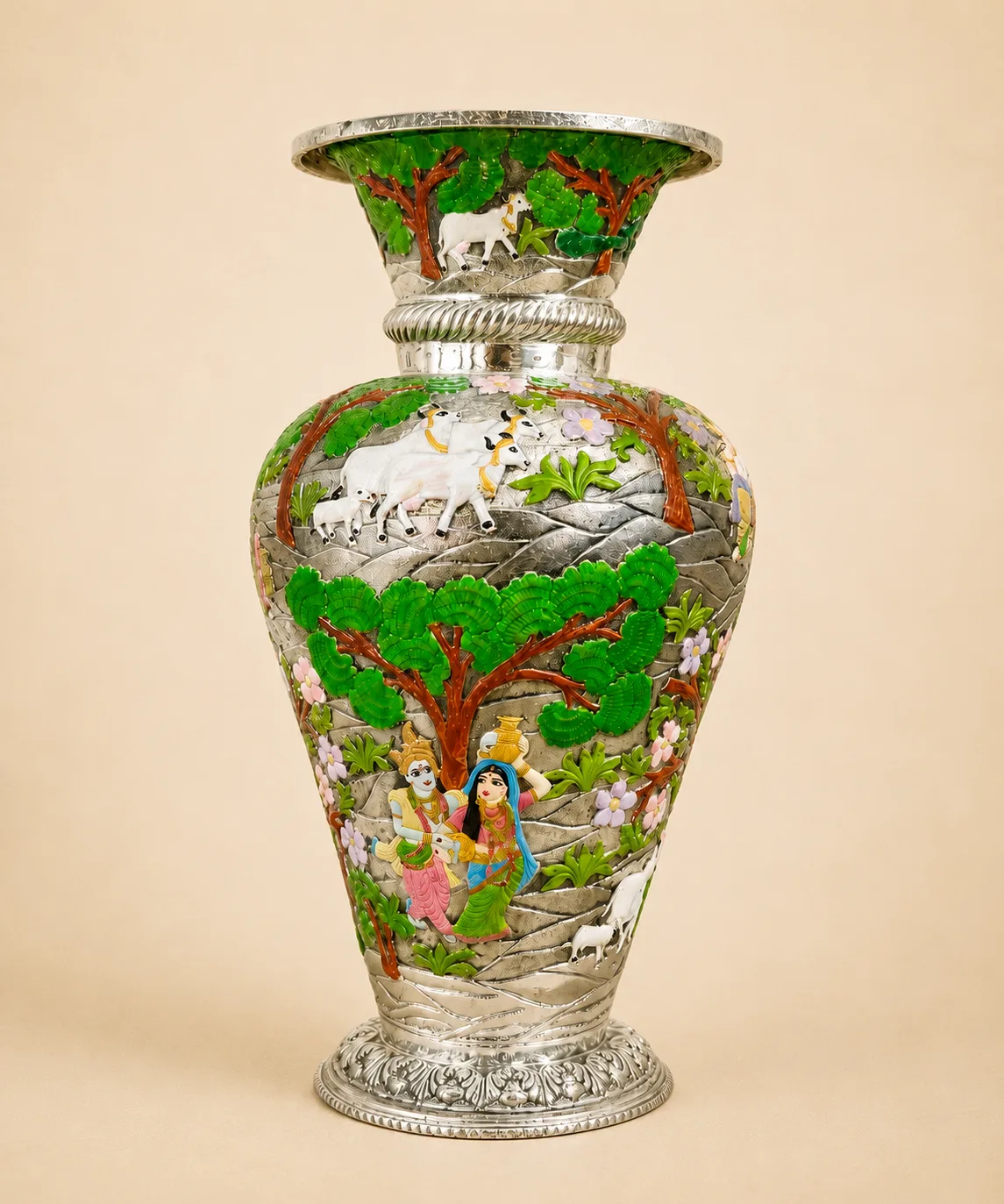 Sterling silver vase with a Vrindavan scene of Radha, Krishna, and cows in green meenakari, handcrafted in Jaipur.