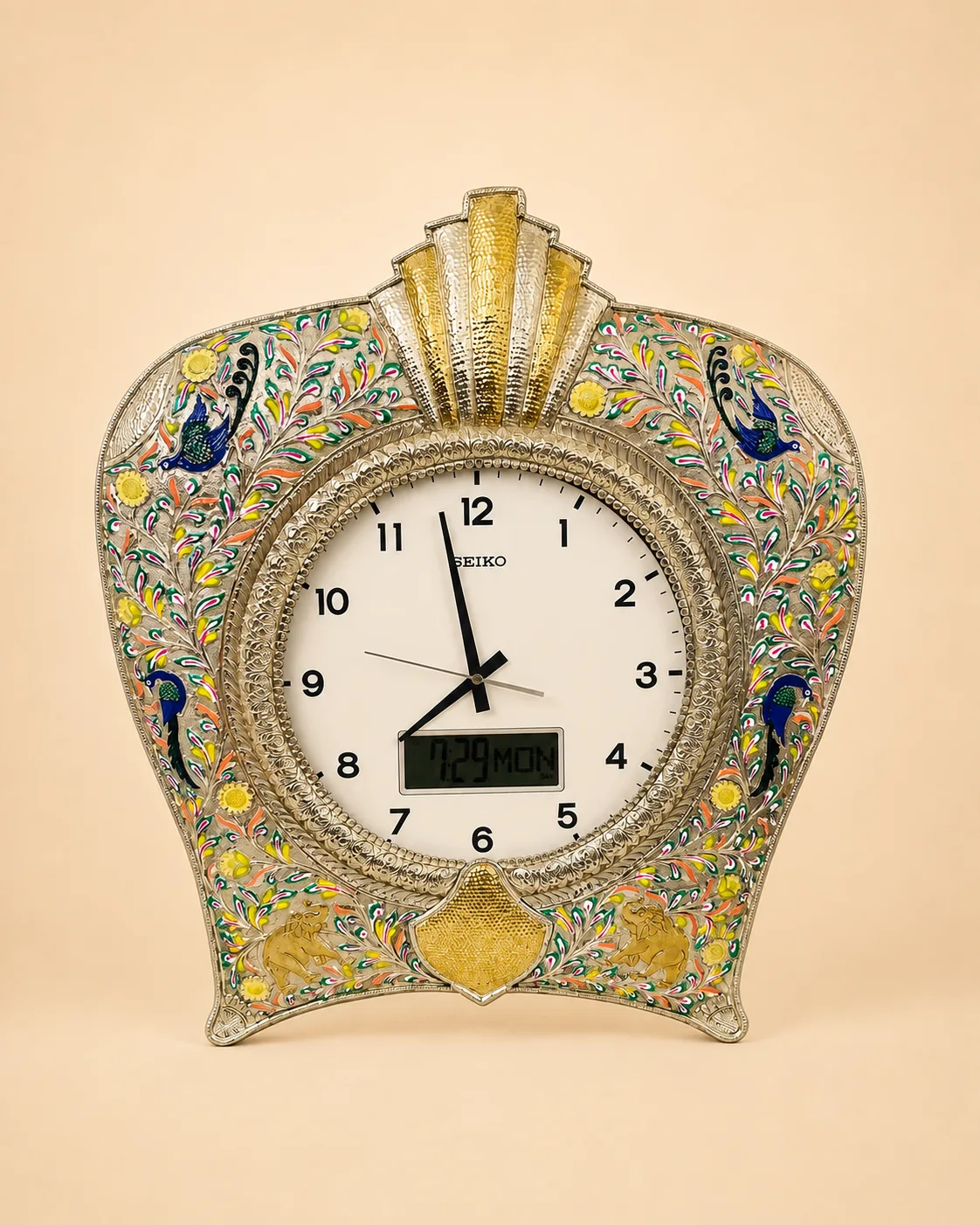 Sterling silver clock in colourful meenakari with peacocks and gold flowers, handcrafted in Jaipur.