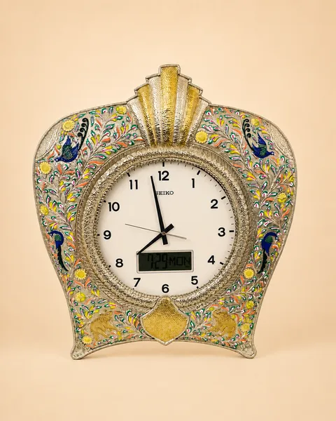 Sterling silver clock in colourful meenakari with peacocks and gold flowers, handcrafted in Jaipur.