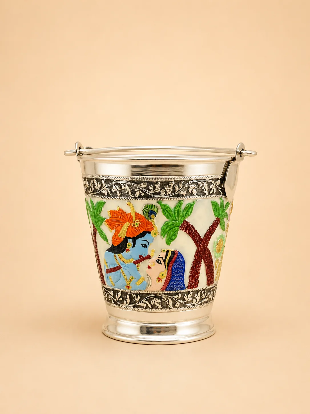 Sterling silver Holi balti with Krishna and Radha in blue, green, and saffron meenakari, handcrafted in Jaipur.