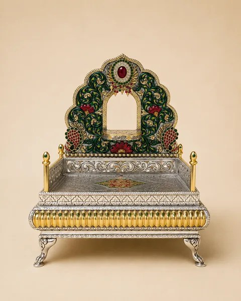 Jewelled sterling silver singhasana with a ruby cabochon and emerald meenakari foliage, handcrafted in Jaipur.