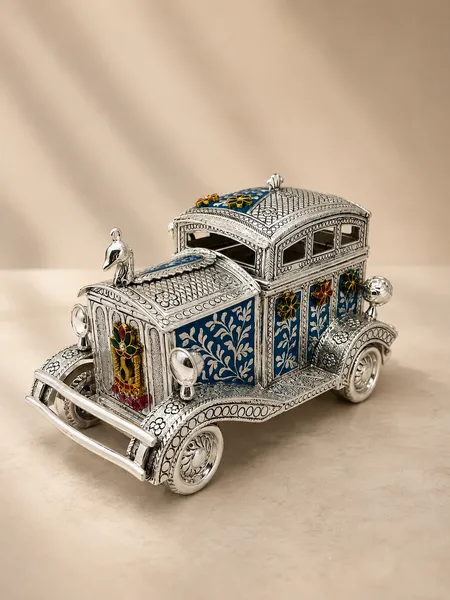 Sterling silver vintage motor car dry fruit box in blue meenakari and filigree, handcrafted in Jaipur.