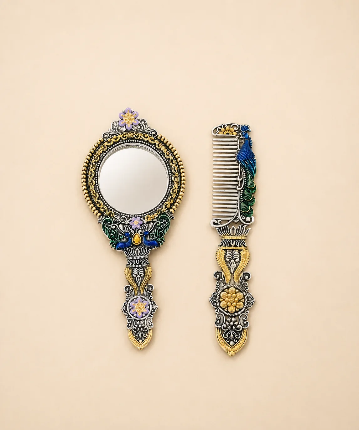 Sterling silver mirror-and-comb set with peacock meenakari and gold handles, handcrafted in Jaipur.