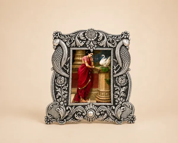 Sterling silver photo frame guarded by two parrots in raised relief, handcrafted in Jaipur.