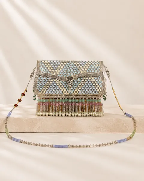 Sterling silver clutch in aqua filigree with a stone chain, handcrafted in Jaipur.