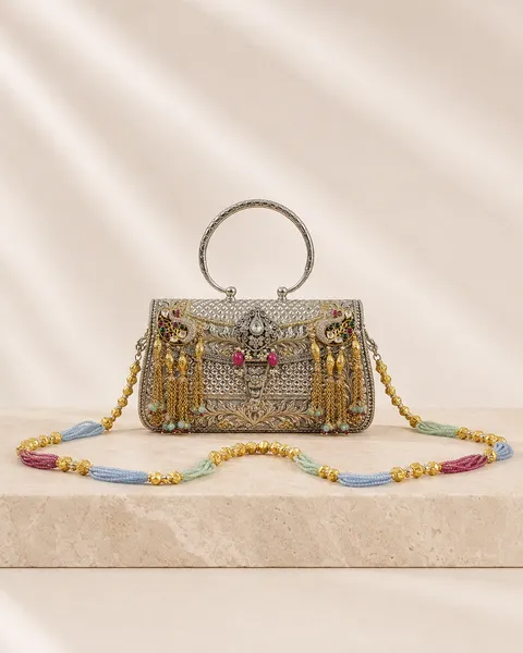 Sterling silver handle bag with peacock detail and a beaded chain, handcrafted in Jaipur.